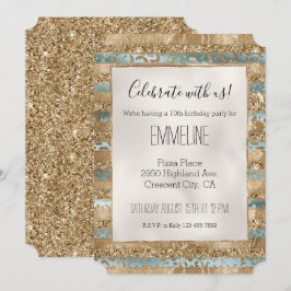 Invitación Purpurina de oro azul Aqua Leopard Print Stripes