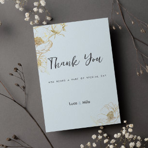 Invitación Purpurina de oro azul bebé peony floral Gracias