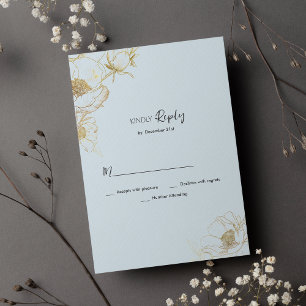 Invitación Purpurina de oro azul bebé peony floral RSVP