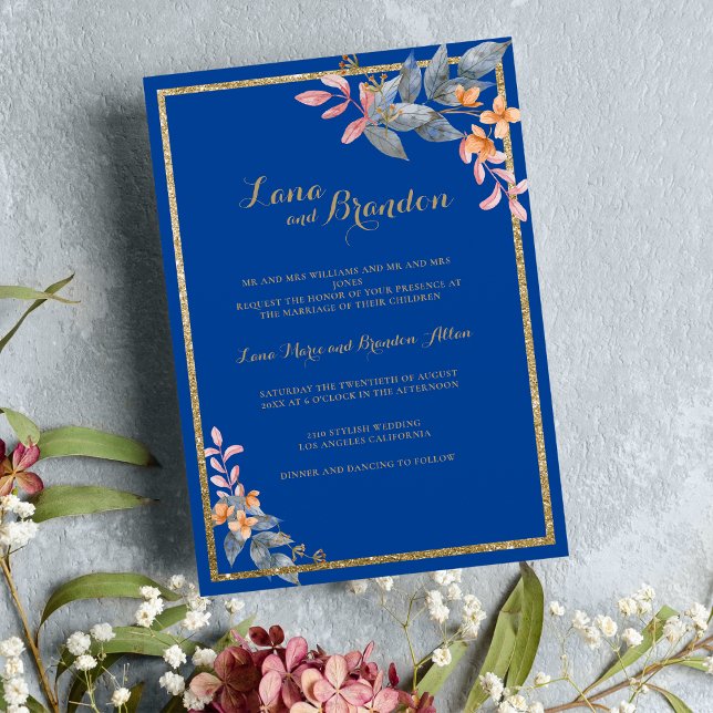 Invitación Purpurina de oro azul cielo naranja rosa Boda flor (Sky blue gold glitter pink orange floral Wedding Invitation)
