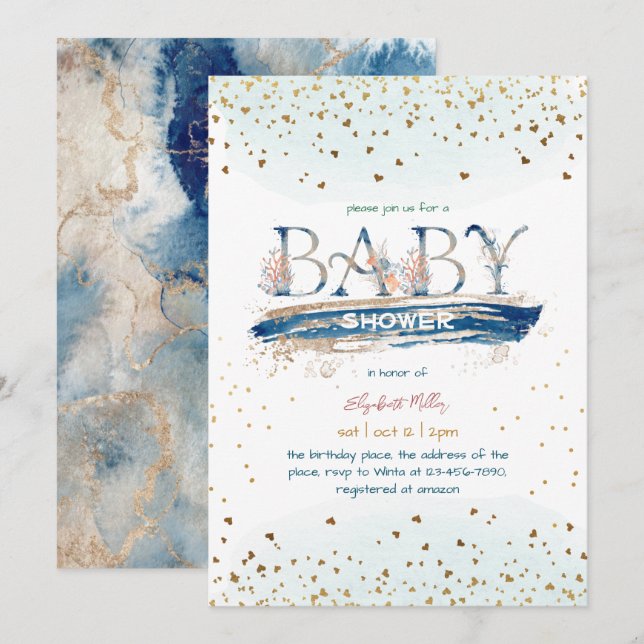 Invitación Purpurina de oro azul de la marina Baby Boy Shower (Anverso / Reverso)
