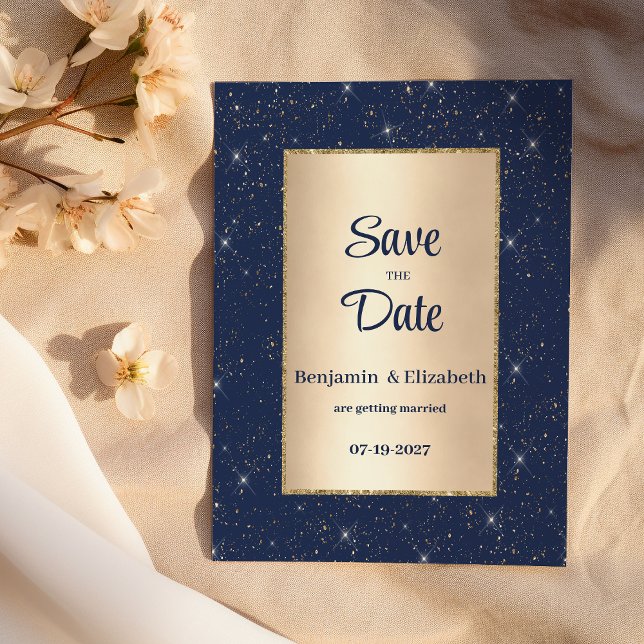 Invitación Purpurina de oro azul de la marina confetti Save t (Navy blue gold glitter confetti Save the Date)