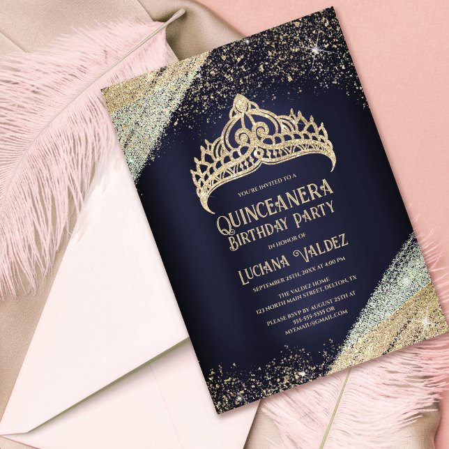 Invitación Purpurina de oro azul de la marina Tiara Quinceañe (Subido por el creador)
