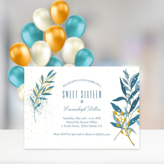 Invitación Purpurina de oro azul dulce fiesta de cumpleaños d (Subido por el creador)