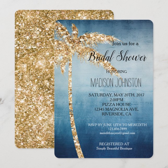 Invitación Purpurina de oro azul gris Palm Tree Bridal Shower (Anverso / Reverso)