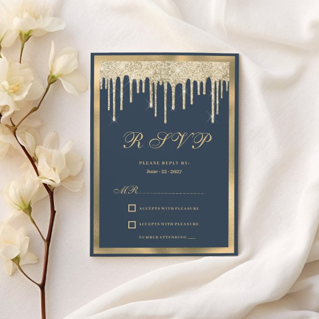 Invitación Purpurina de oro azul malva gotea lujo RSVP (Mauve blue gold glitter drips luxury RSVP )