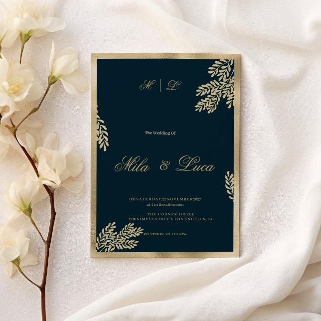 Invitación Purpurina de oro azul marino Boda de flores de hoj (Navy blue gold glitter leaf floral Wedding)