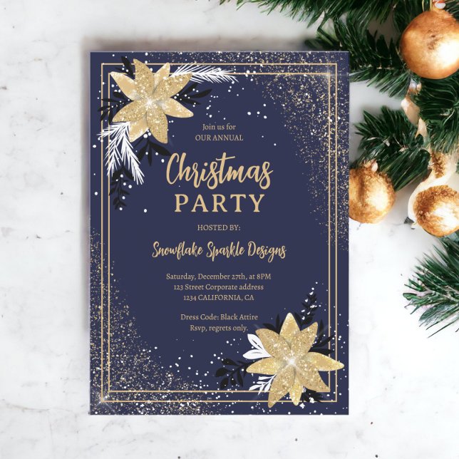 Invitación Purpurina de oro azul marino de flores Navidades c (Gold glitter floral navy blue Corporate Christmas Invitation)