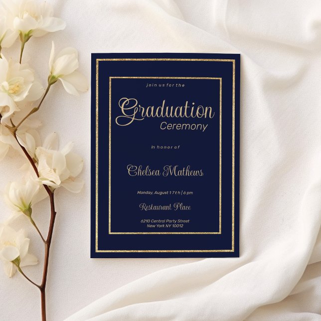 Invitación Purpurina de oro azul marino de lujo Ceremonia de  (Navy blue gold glitter luxury Graduation Ceremony )