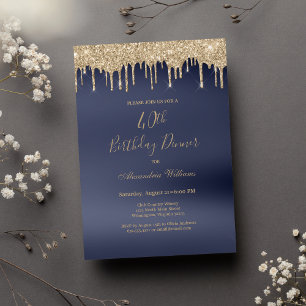 Invitación Purpurina de oro azul marino de lujo gotea 40 cump
