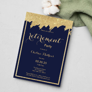 Invitación Purpurina de oro azul marino Fiesta de Jubilación