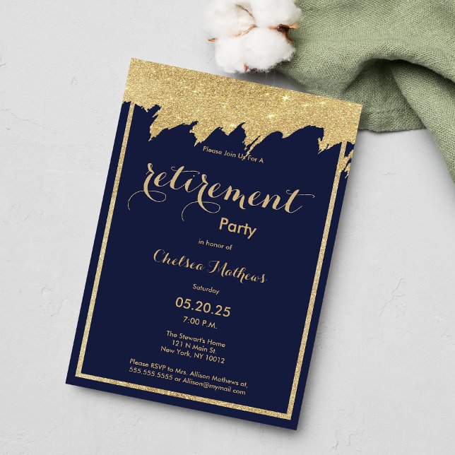 Invitación Purpurina de oro azul marino Fiesta de Jubilación (Navy blue gold glitter Retirement Party )