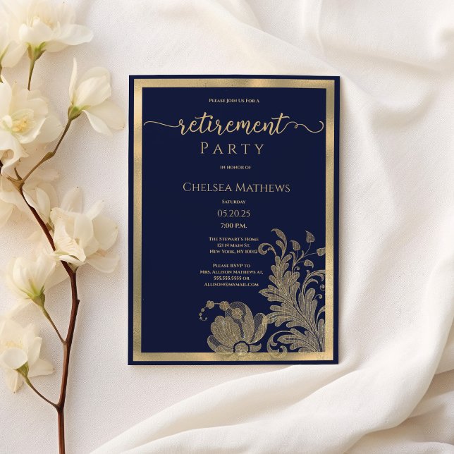 Invitación Purpurina de oro azul marino floral Fiesta de Jubi (Navy blue gold glitter floral Retirement Party)