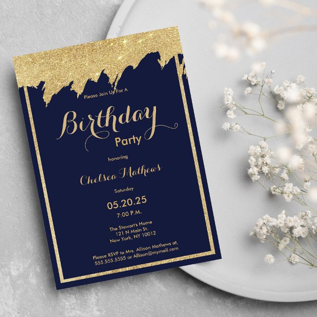 Invitación Purpurina de oro azul marino pinceladas Fiesta de  (Navy blue gold glitter brushstrokes Birthday Party Invitation )
