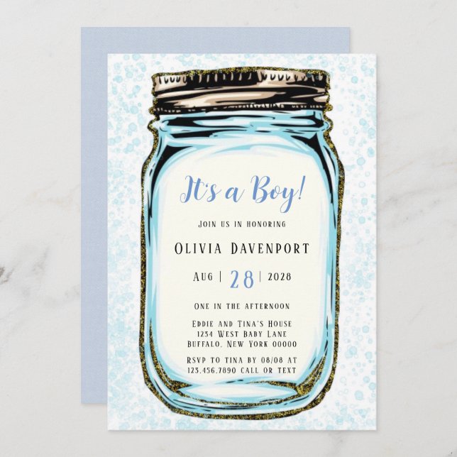 Invitación Purpurina de oro azul Mason Jar Boy Baby Shower (Anverso / Reverso)