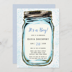 Invitación Purpurina de oro azul Mason Jar Boy Baby Shower