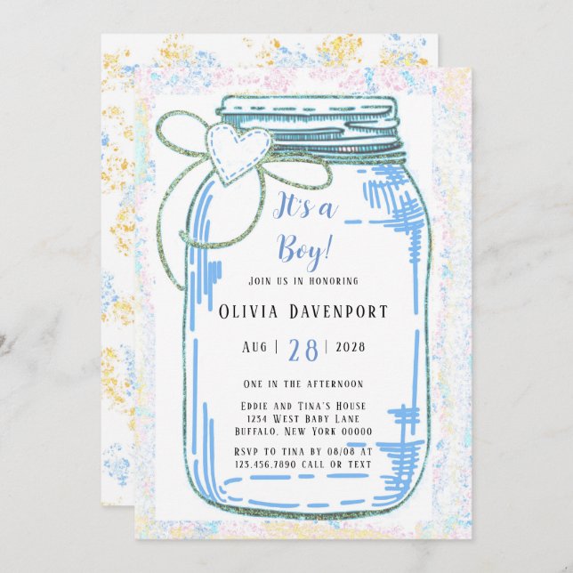Invitación Purpurina de oro azul Mason Jar Boy Baby Shower (Anverso / Reverso)