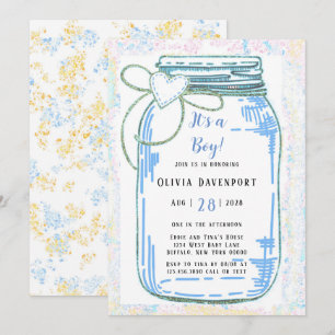 Invitación Purpurina de oro azul Mason Jar Boy Baby Shower