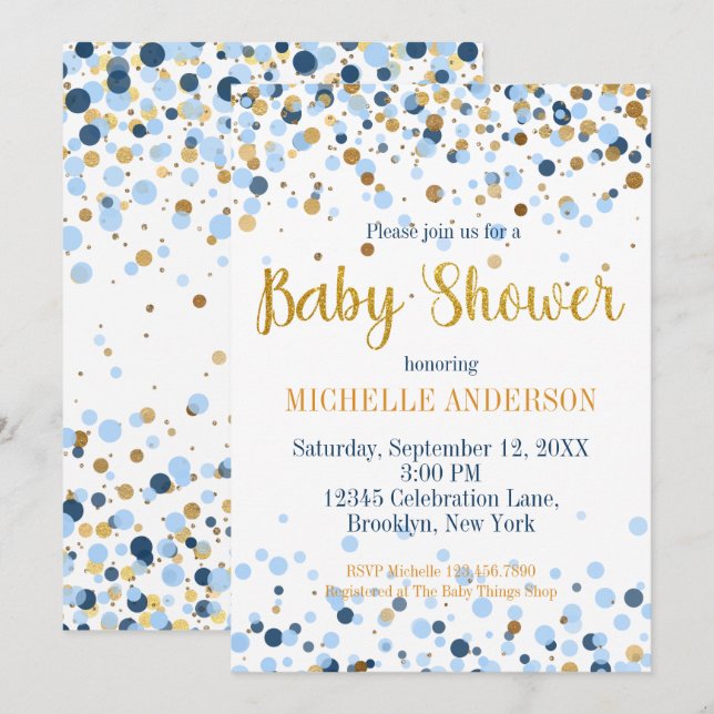 Invitación Purpurina de oro azul moderno Confetti Baby Shower (Anverso / Reverso)