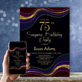 Invitación Purpurina de oro azul negro sorpresa 75 cumpleaños