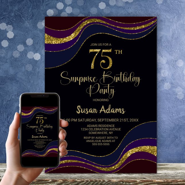 Invitación Purpurina de oro azul negro sorpresa 75 cumpleaños (Subido por el creador)