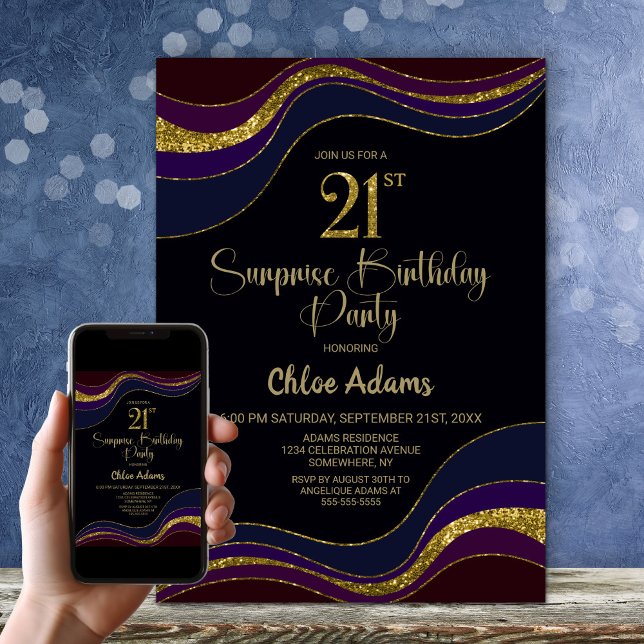 Invitación Purpurina de oro azul negro sorpresa cumpleaños nú (Subido por el creador)