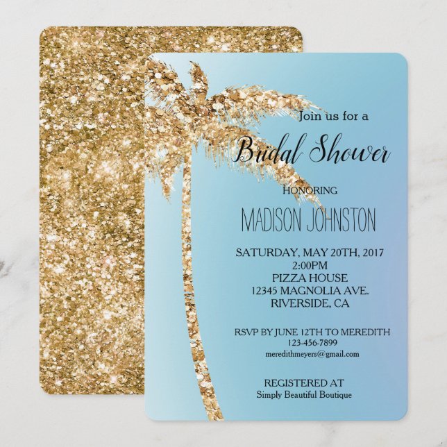 Invitación Purpurina de oro azul Palm Tree Bridal Shower (Anverso / Reverso)