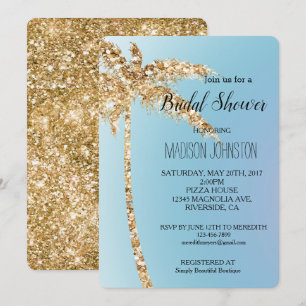 Invitación Purpurina de oro azul Palm Tree Bridal Shower