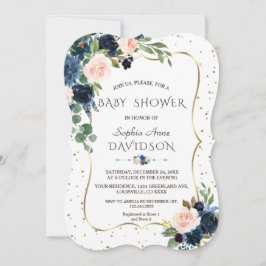 Invitación Purpurina de oro azul rosa Floral Confetti Baby Sh