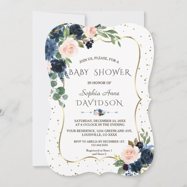 Invitación Purpurina de oro azul rosa Floral Confetti Baby Sh (Anverso)
