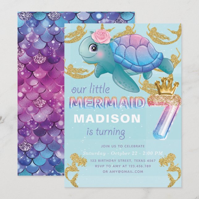 Invitación Purpurina de oro azul rosado 7 de cumpleaños de Si (Anverso / Reverso)