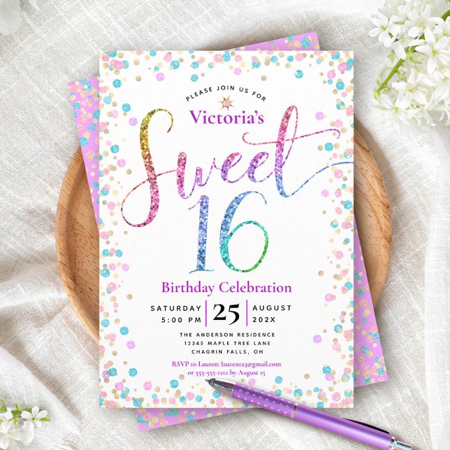 Invitación Purpurina de oro azul rosado Confetti Sweet 16 Cum (Subido por el creador)