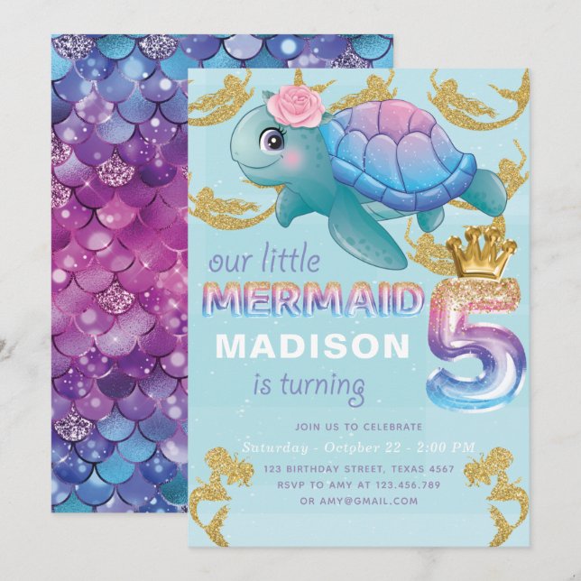 Invitación Purpurina de oro azul rosado de cumpleaños 5 de Si (Anverso / Reverso)