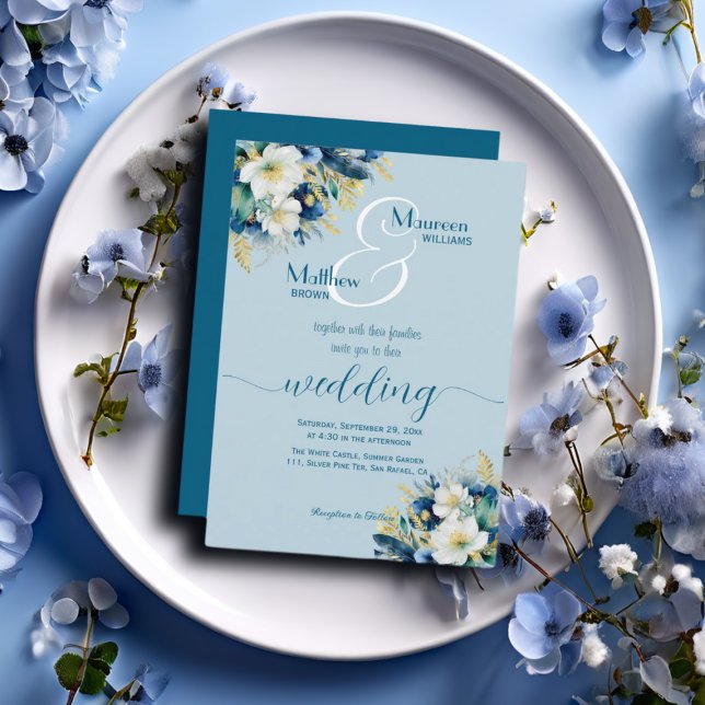 Invitación Purpurina de oro azul turbio Boda floral (Subido por el creador)