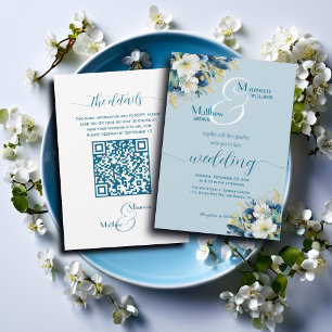 Invitación Purpurina de oro azul turbio Floral Boda de código