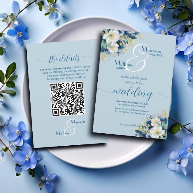 Invitación Purpurina de oro azul turbio Floral Boda de código (Subido por el creador)