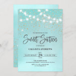 Invitación Purpurina de oro azul verde azulado Esparkles Luce<br><div class="desc">Esta glamorosa y glamurosa invitación dulce de dieciséis años de fiesta es perfecta para la muchacha. Tiene una luz brillante colgada sobre un confetti purpurina brillante dorado falso impreso sobre un fondo abstracto azul verde azulado y azul pastel. Es bonito, moda, moderna, moderna y fresca; el diseño perfecto para el...</div>