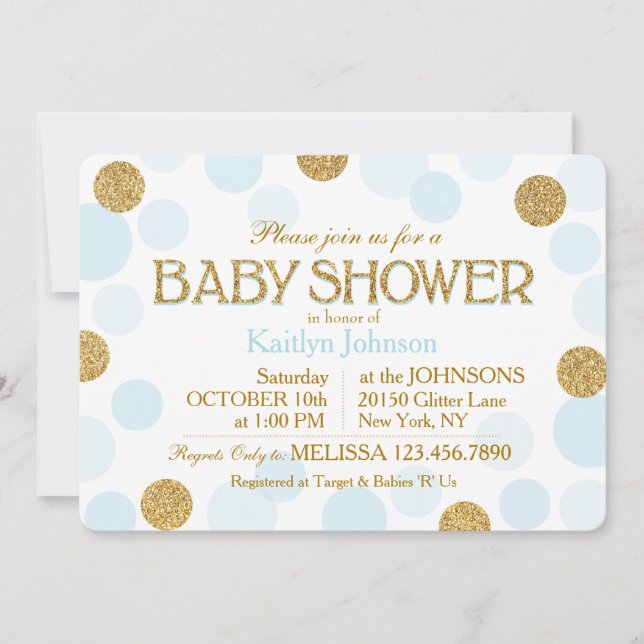 Invitación Purpurina de oro Baby Blue puntos dispersos Baby S (Anverso)