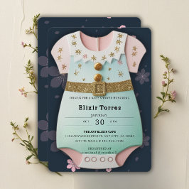 Invitación Purpurina de oro Baby Clothes Floral Baby Shower