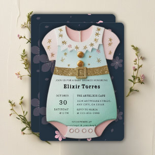 Invitación Purpurina de oro Baby Clothes Floral Baby Shower