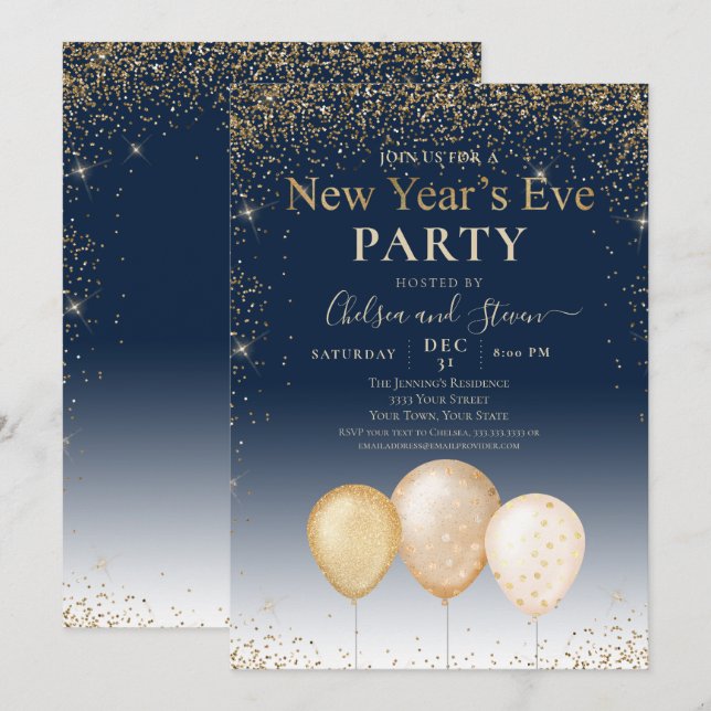 Invitación Purpurina de oro Balón Fiesta de Nochevieja (Anverso / Reverso)