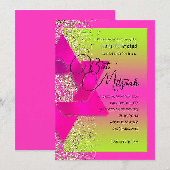 Invitación Purpurina de oro Bat Mitzvah Green Ombre Rosa (Anverso / Reverso)