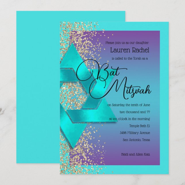 Invitación Purpurina de oro Bat Mitzvah Turquoise Purple Ombr (Anverso / Reverso)
