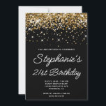 Invitación Purpurina de oro Black 21st Birthday<br><div class="desc">Una moderna escritura en monolina invitación por el 21 cumpleaños para ella. Puedes personalizar esta invitación para otra celebración de cumpleaños. El arte digital presenta un purpurina de oro fino y brillante con chispas extra contra un color de fondo negro sólido. Todos los elementos brillantes y purpurinoso de este moderno...</div>
