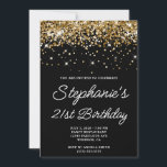 Invitación Purpurina de oro Black 21st Birthday<br><div class="desc">Una moderna escritura en monolina invitación por el 21 cumpleaños para ella. Puedes personalizar esta invitación para otra celebración de cumpleaños. El arte digital presenta un purpurina de oro fino y brillante con chispas extra contra un color de fondo negro sólido. Todos los elementos brillantes y purpurinoso de este moderno...</div>