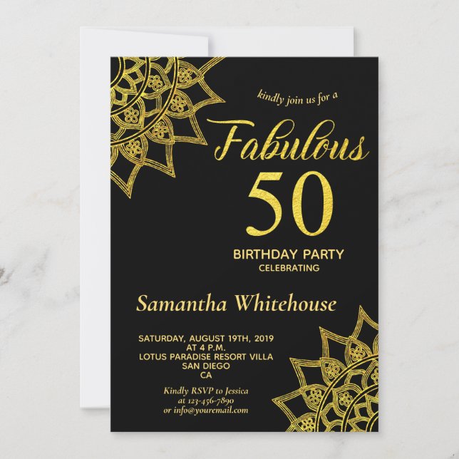 Invitación Purpurina de oro Black Fabulous 50 Birthday (Anverso)