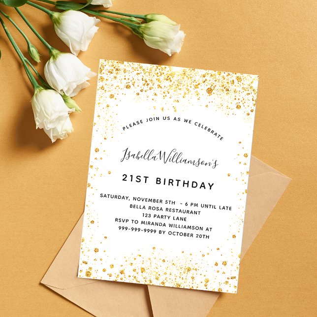 Invitación Purpurina de oro blanco de cumpleaños elegante (Subido por el creador)