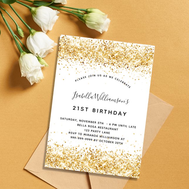 Invitación Purpurina de oro blanco de cumpleaños elegante (Subido por el creador)