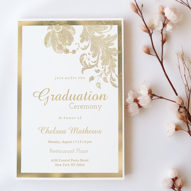 Invitación Purpurina de oro blanco de lujo flores glam Gradua (Luxury white gold glitter flowers glam Graduation )