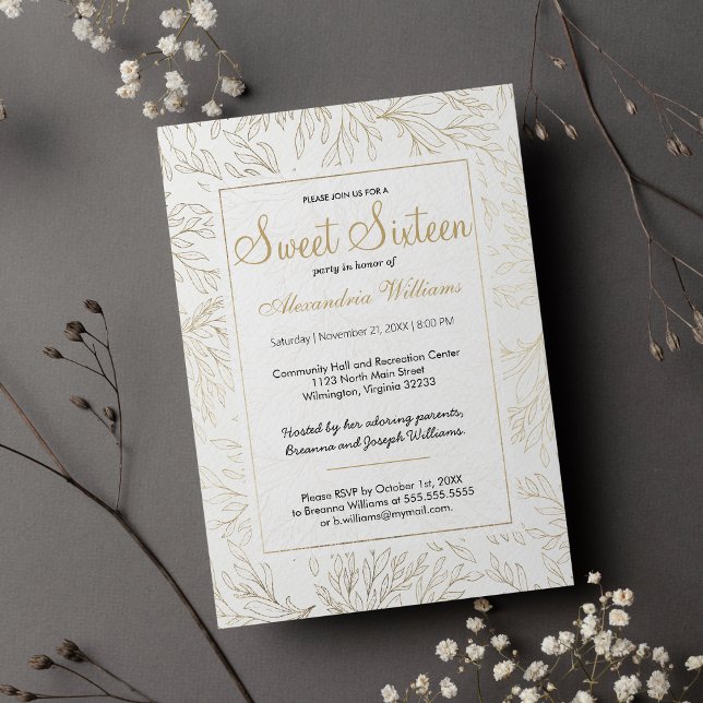 Invitación Purpurina de oro blanco de lujo follaje floral Swe (Luxury white gold glitter foliage floral Sweet 16 )